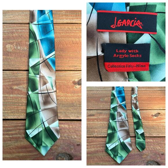 J Garcia Silk Tie Lady With Argyle Socks Collection 59 Green Blue Brown Abstract - Picture 13 of 13